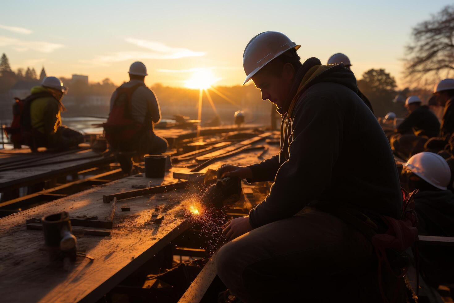 Engineers wearing safety helmets and working at sunset, photo