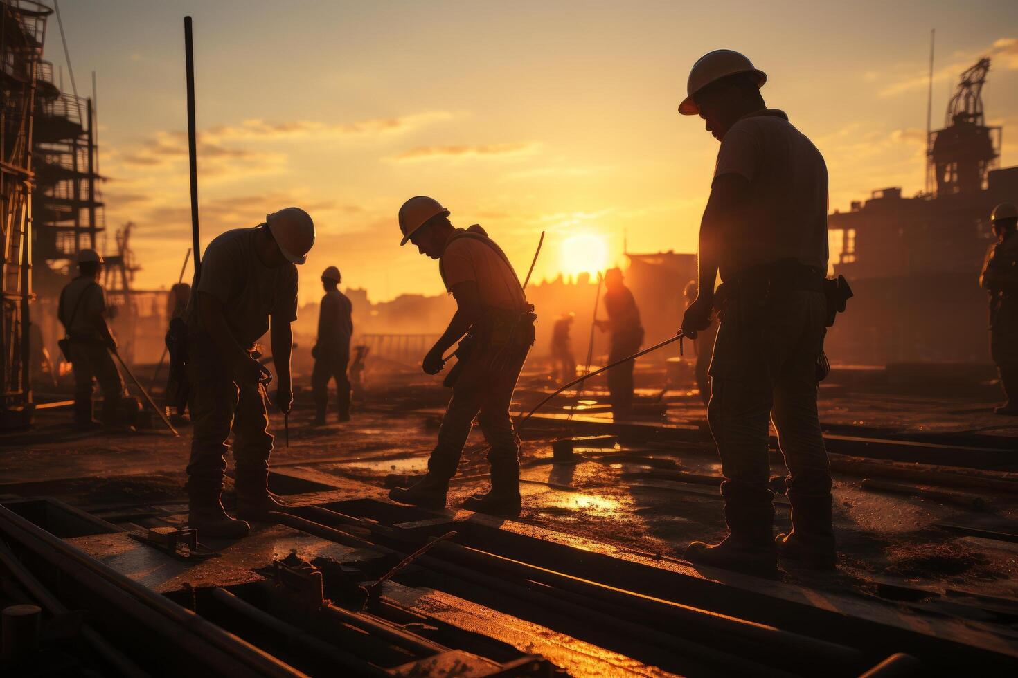 A group of engineers wearing safety dress and working at sunset, photo