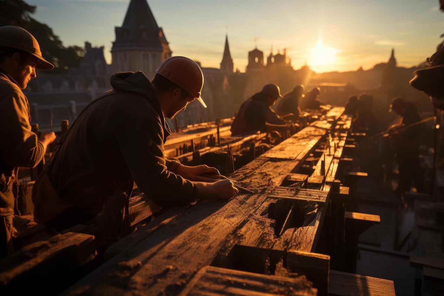 The carpenters are working on the wood at sunset, photo