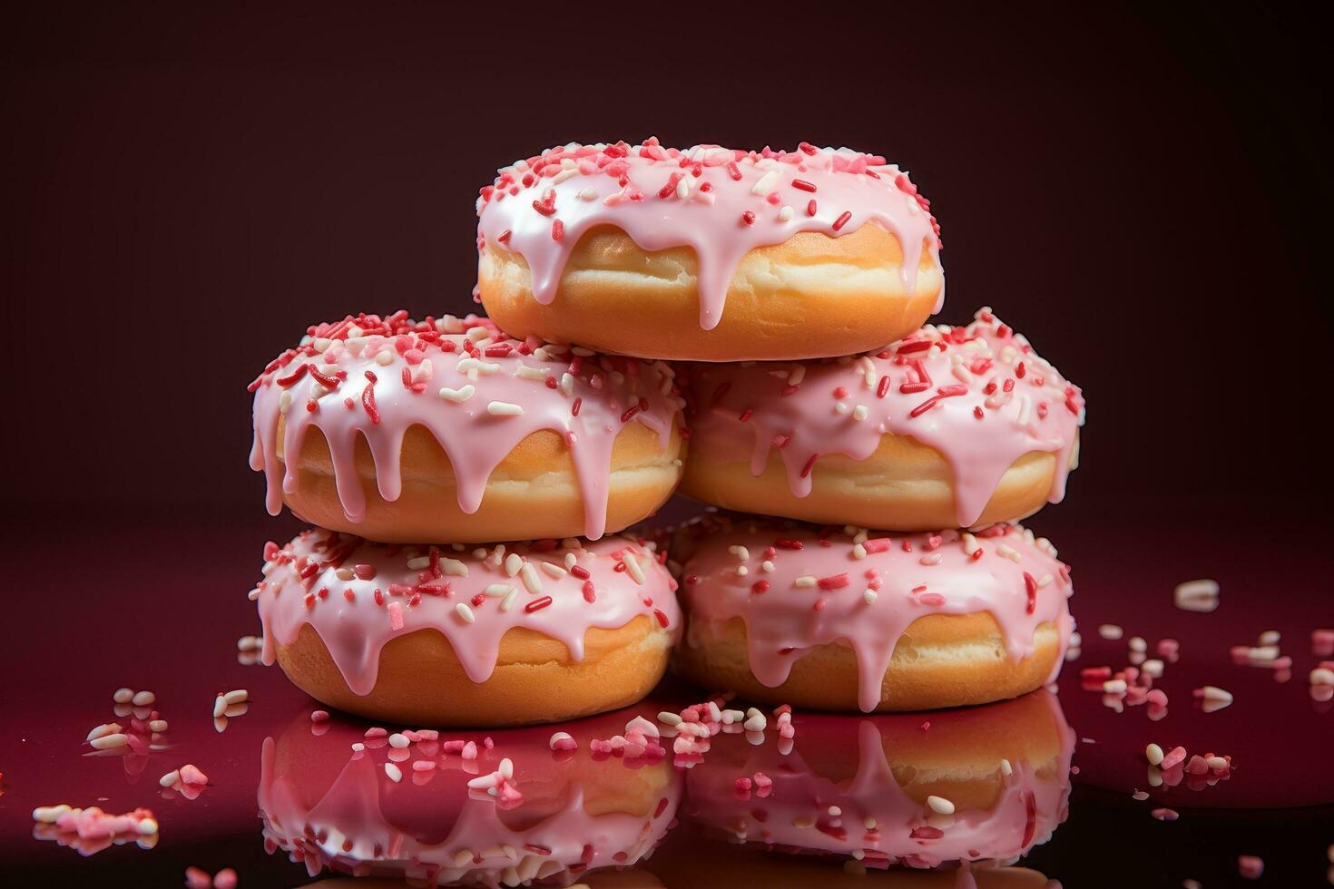 Pink donuts decorated with colorful sprinkles isolated on dark background photo