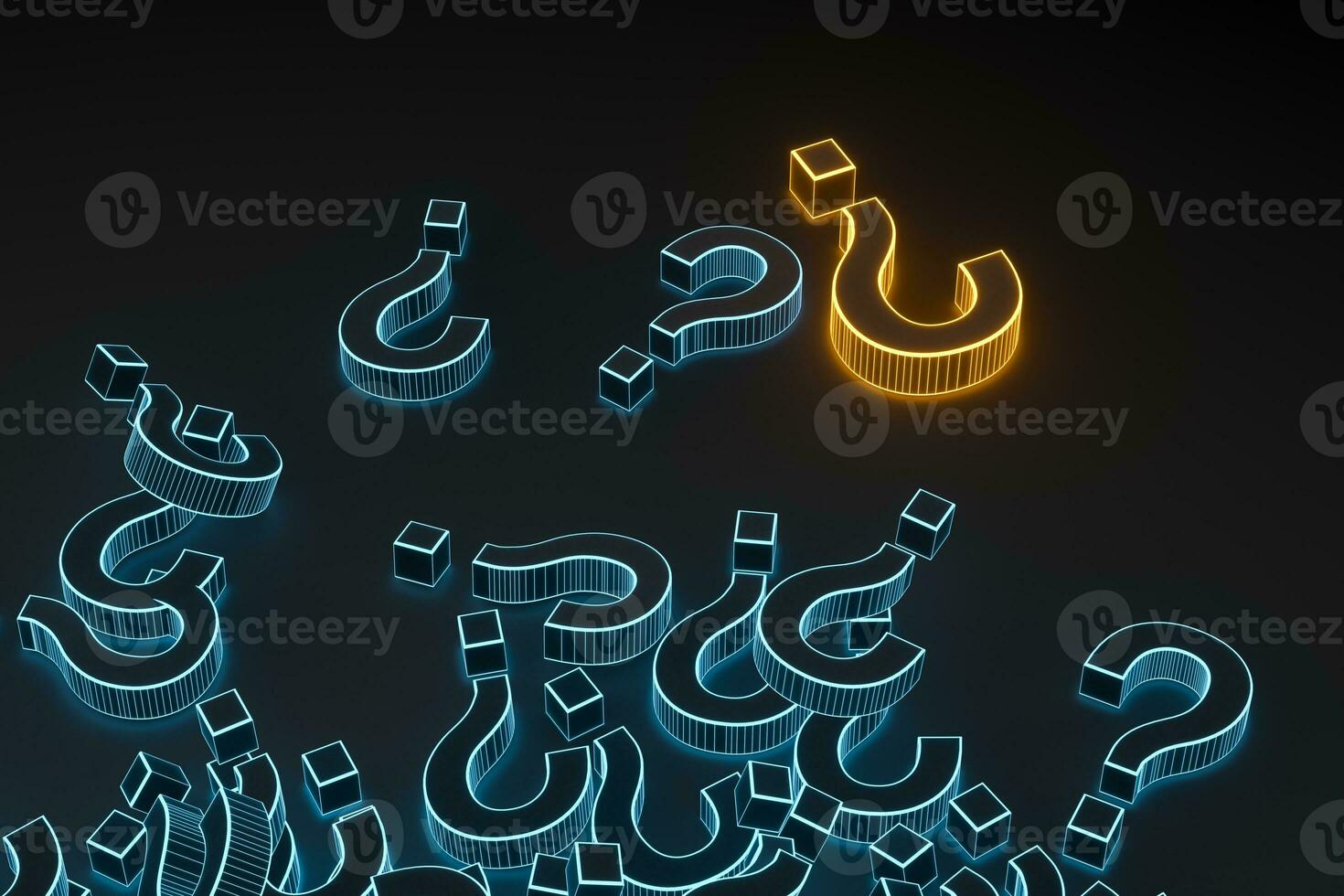 Glowing question marks with dark background, 3d rendering. photo