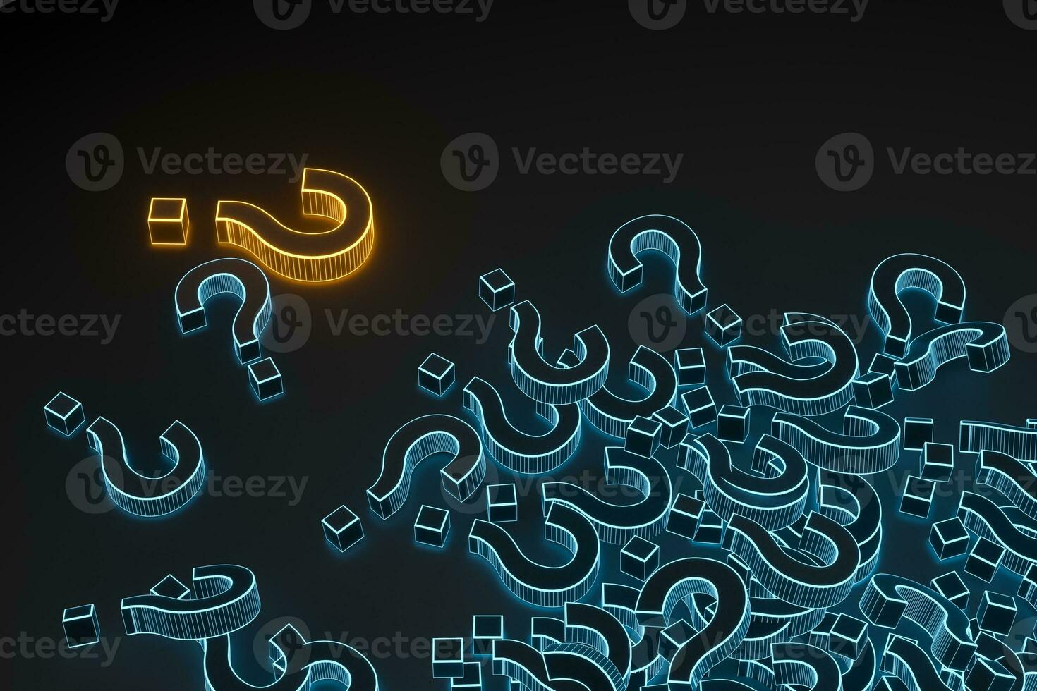 Glowing question marks with dark background, 3d rendering. photo