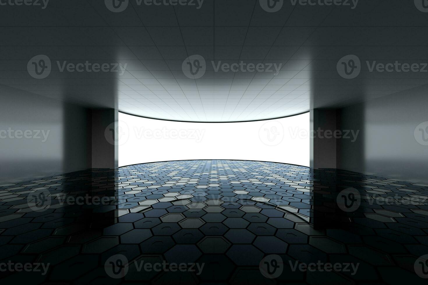 Empty round room with glowing white screen, 3d rendering. photo