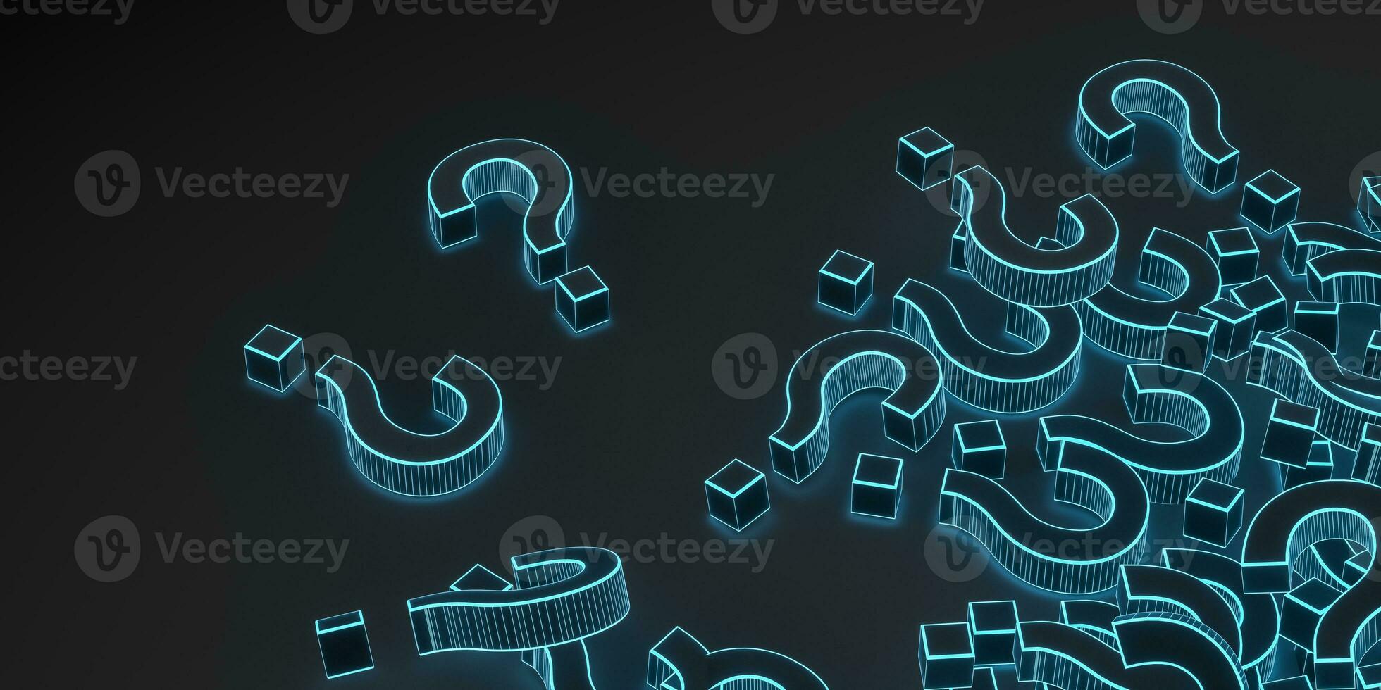 Glowing question marks with dark background, 3d rendering. photo