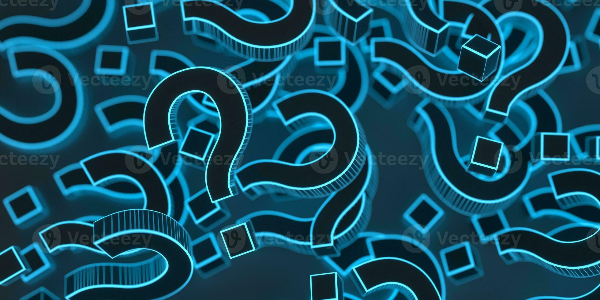 Glowing question marks with dark background, 3d rendering. photo