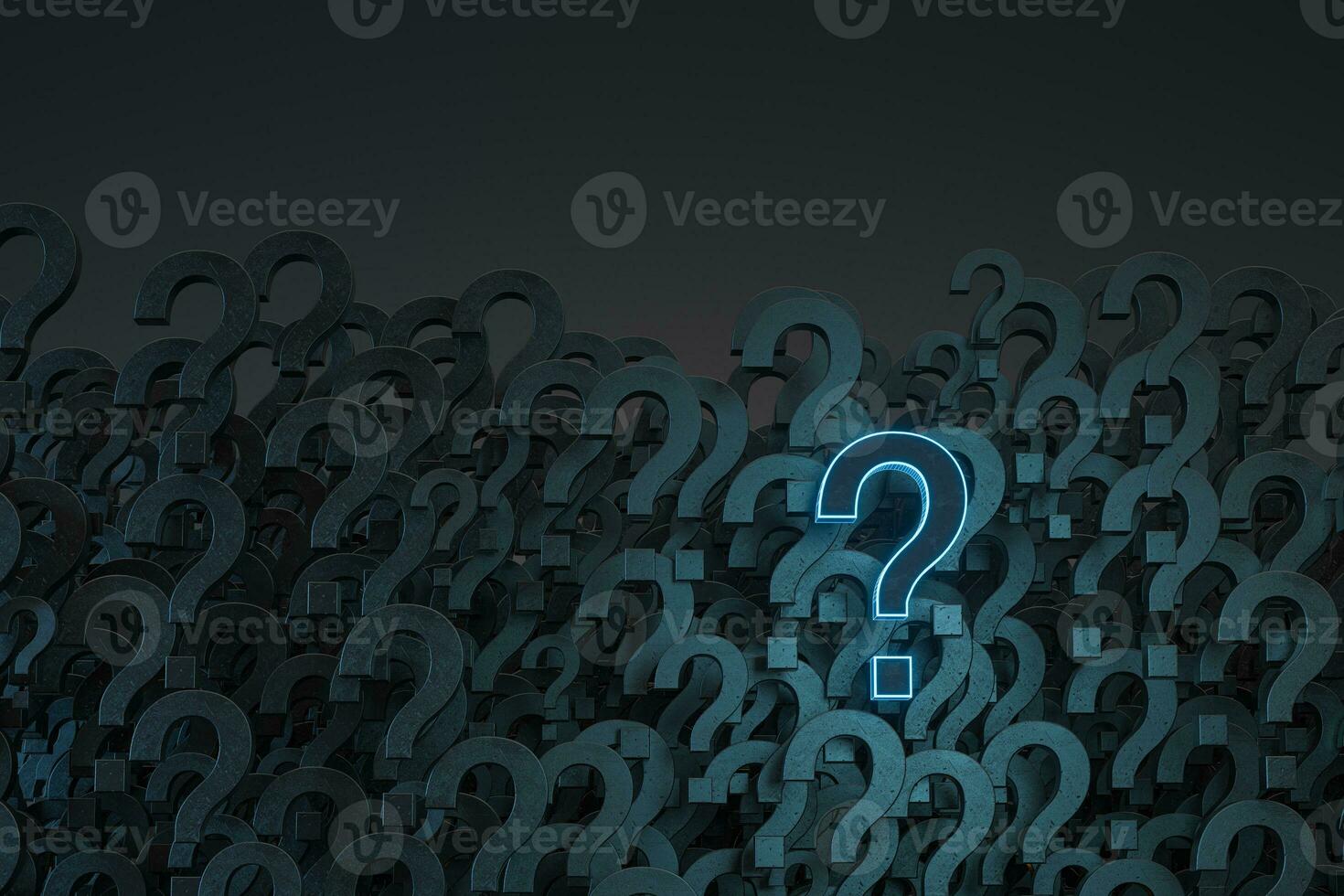 Glowing question marks with dark background, 3d rendering. photo