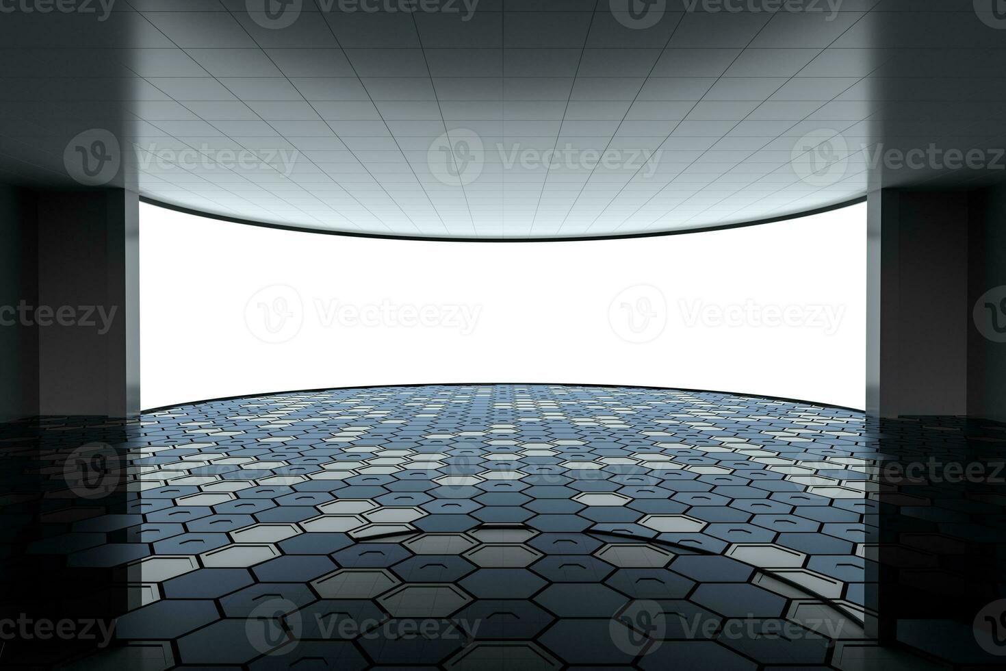 Empty round room with glowing white screen, 3d rendering. photo