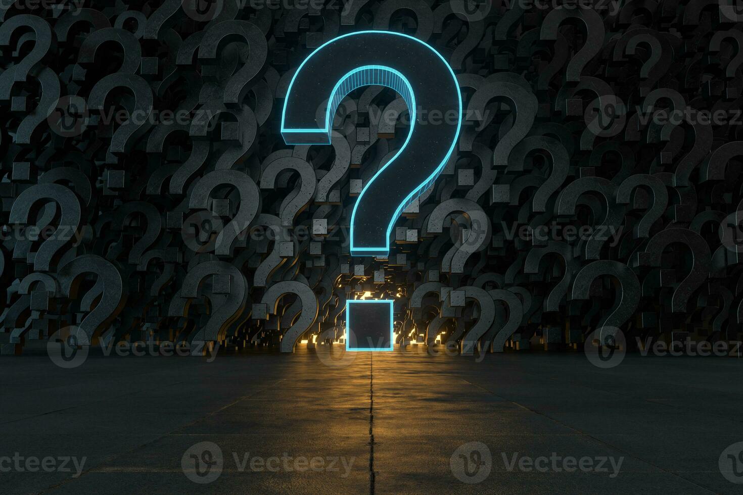 Glowing question marks with dark background, 3d rendering. photo