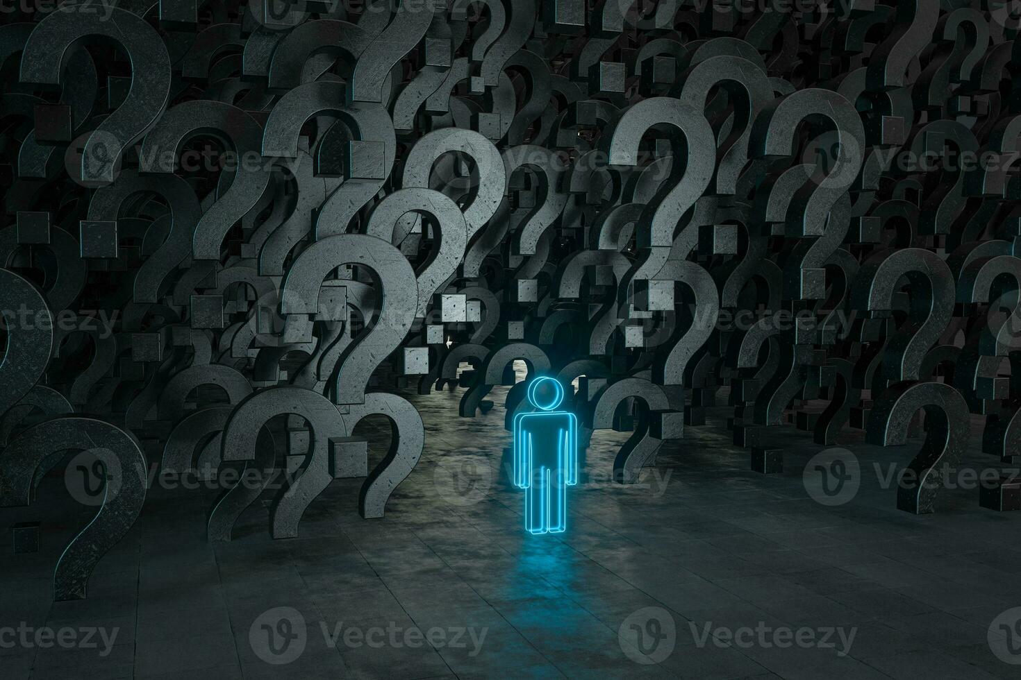 Glowing question marks with dark background, 3d rendering. photo