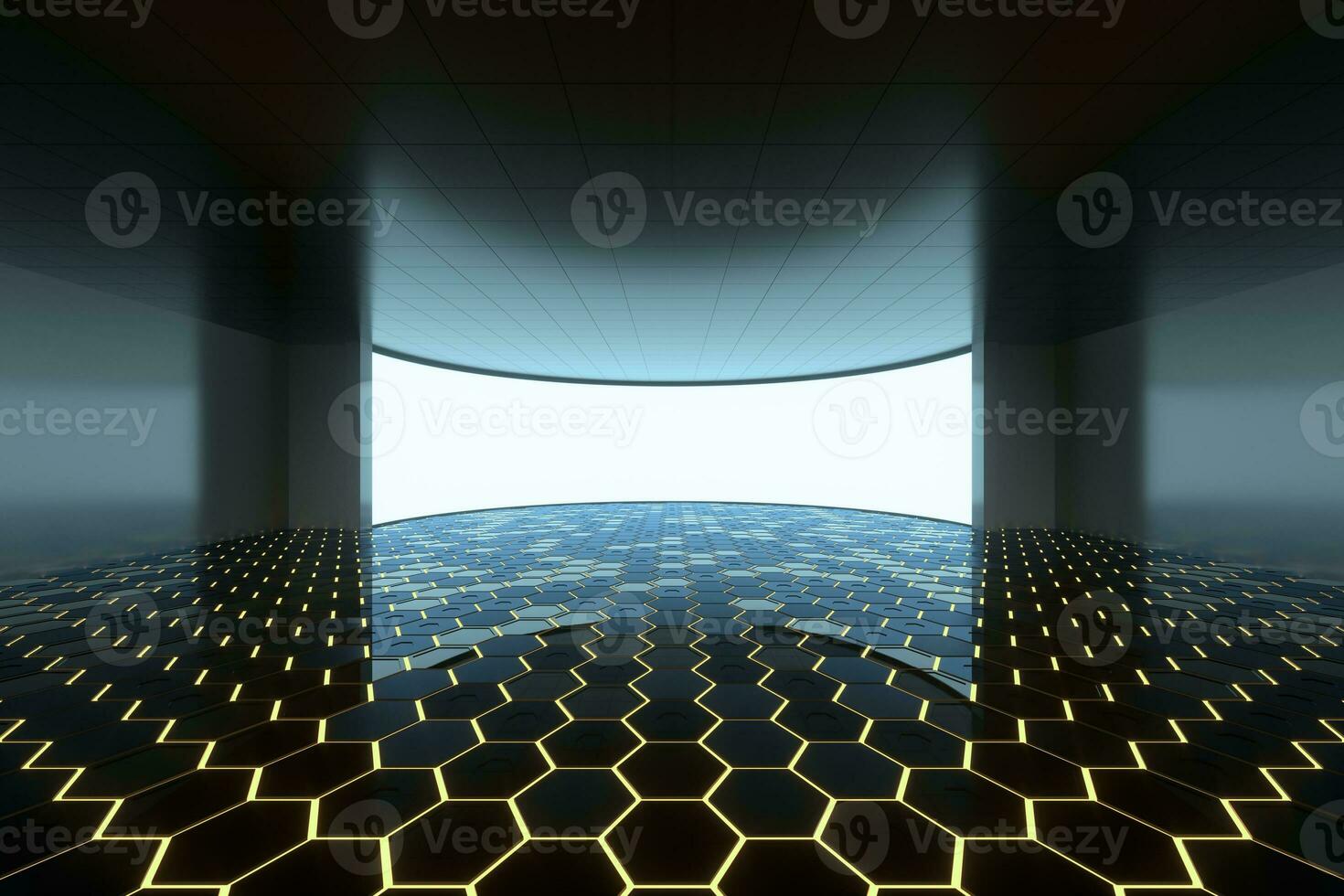 Empty round room with glowing white screen, 3d rendering. photo