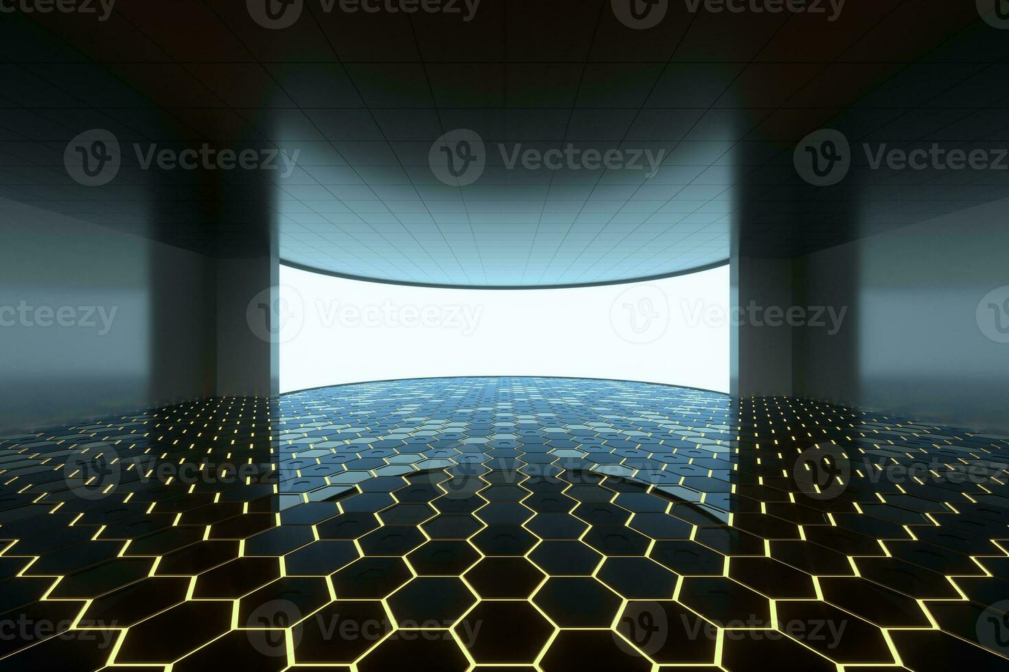 Empty round room with glowing white screen, 3d rendering. photo