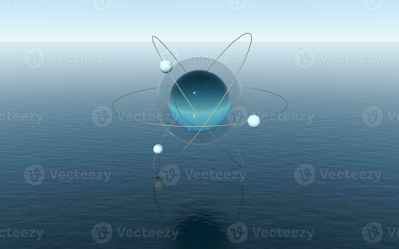 Molecule sphere over the calm ocean, fantastic scene, 3d rendering. photo