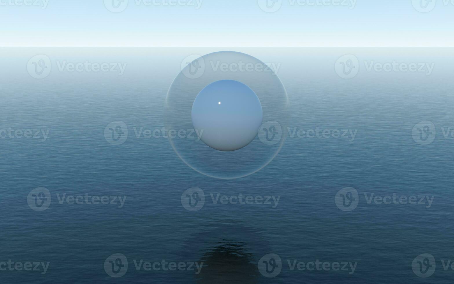 Water sphere over the calm ocean, fantastic scene, 3d rendering. photo