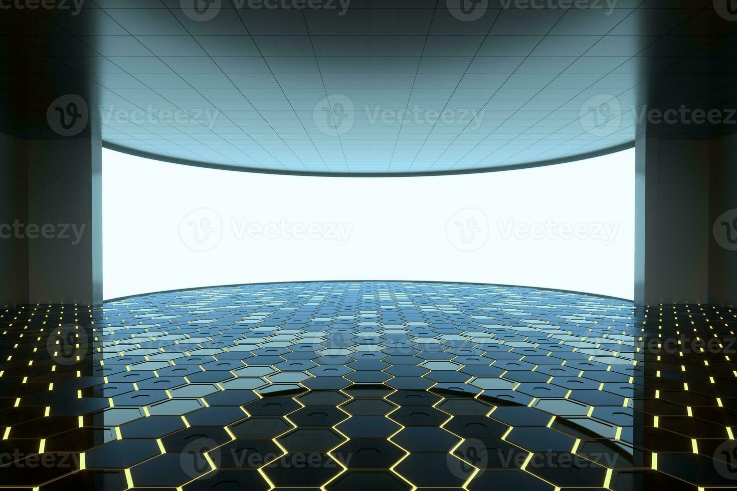 Empty round room with glowing white screen, 3d rendering. photo