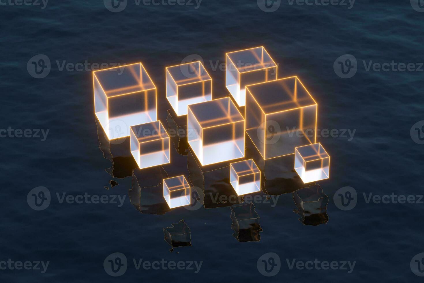 Floating transparent cubes over the ocean, 3d rendering. photo