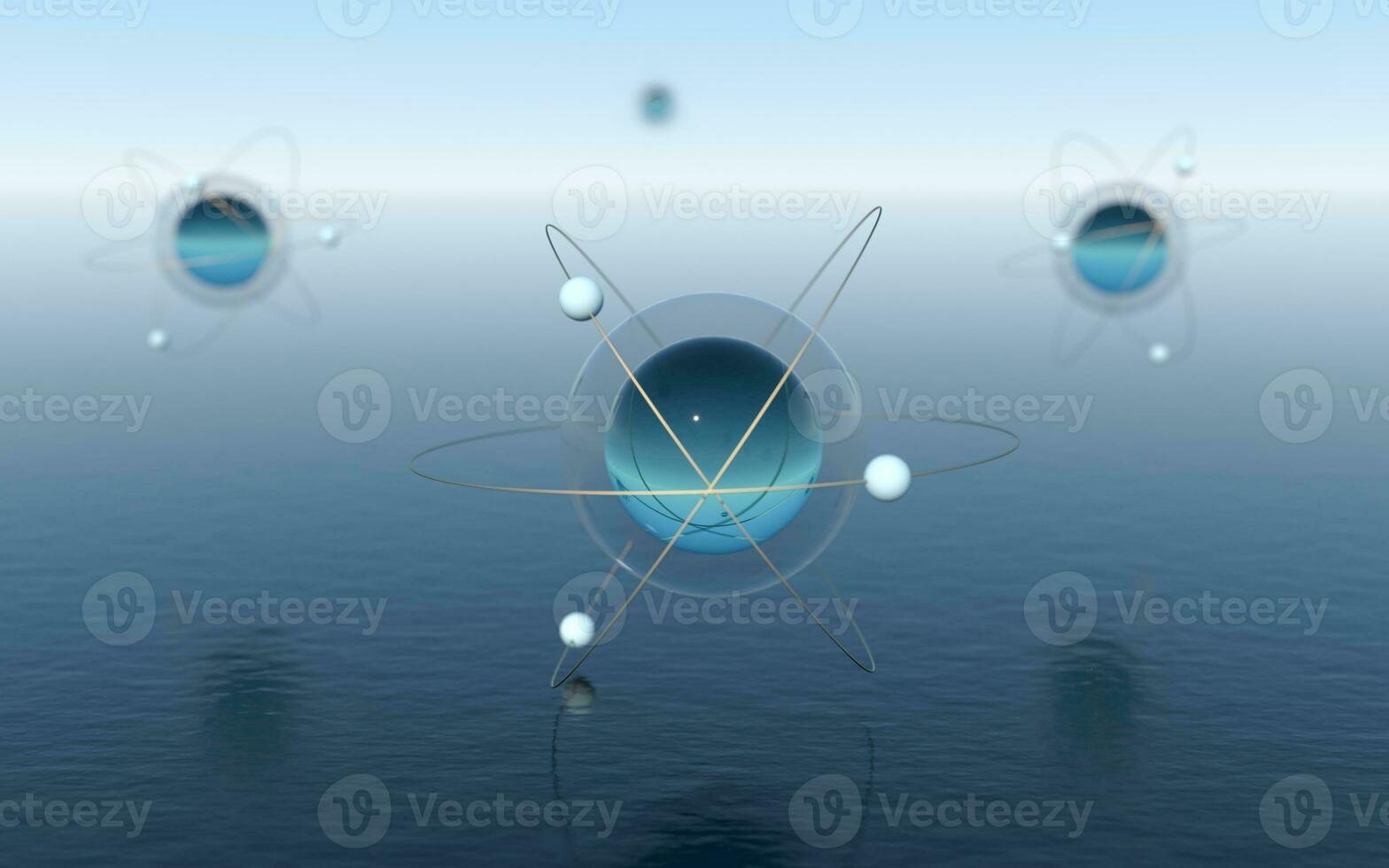 Molecule sphere over the calm ocean, fantastic scene, 3d rendering. photo