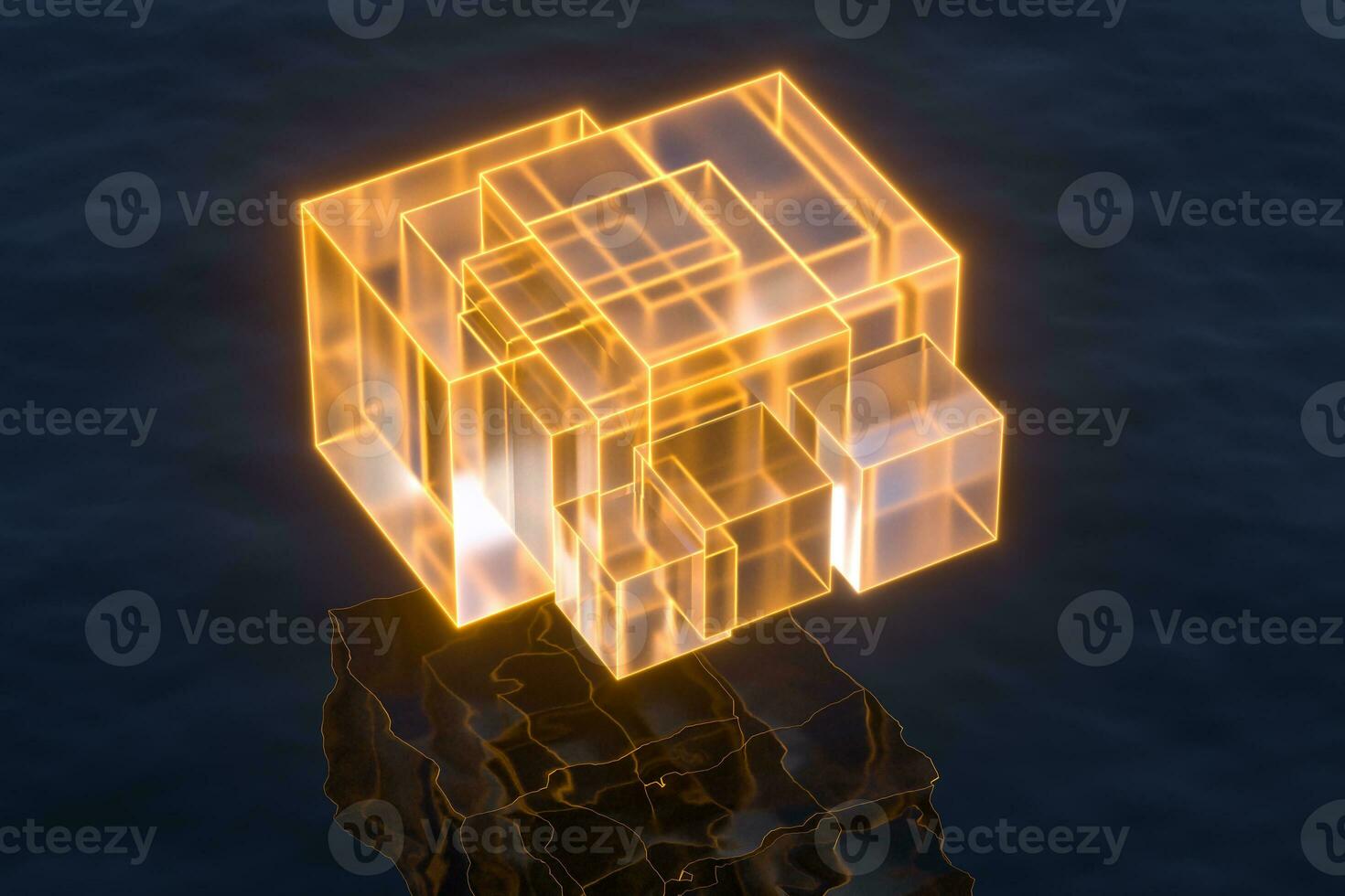 Floating transparent cubes over the ocean, 3d rendering. photo