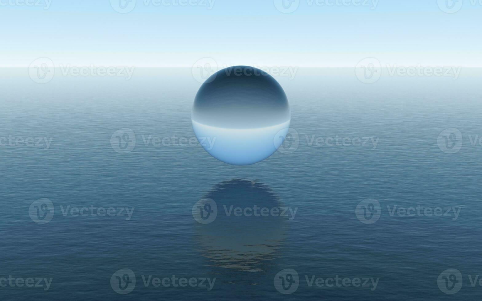 Water sphere over the calm ocean, fantastic scene, 3d rendering. photo