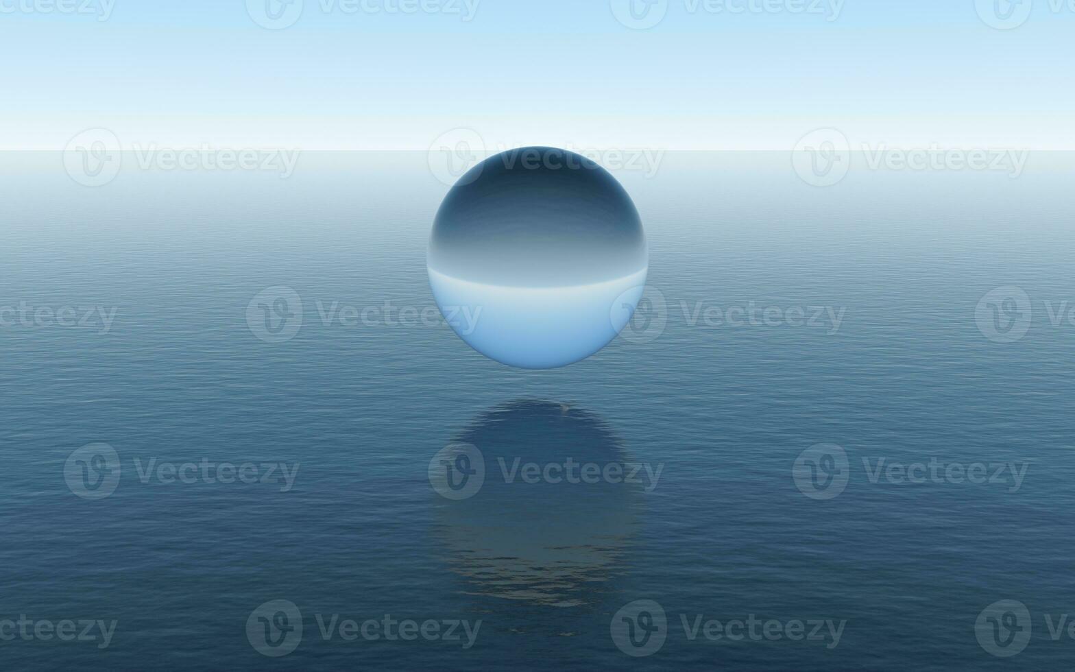 Water sphere over the calm ocean, fantastic scene, 3d rendering. photo
