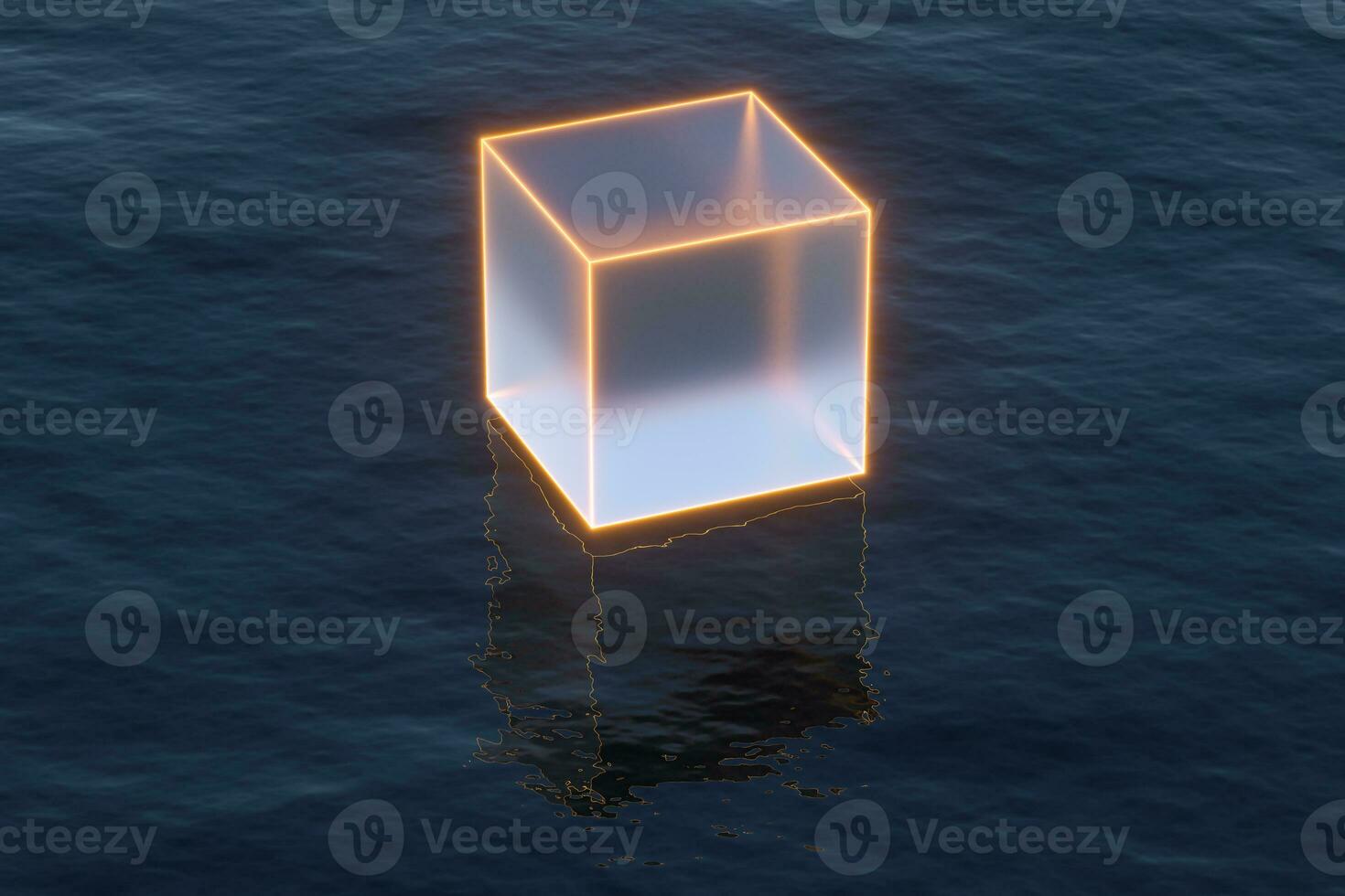 Floating transparent cubes over the ocean, 3d rendering. photo