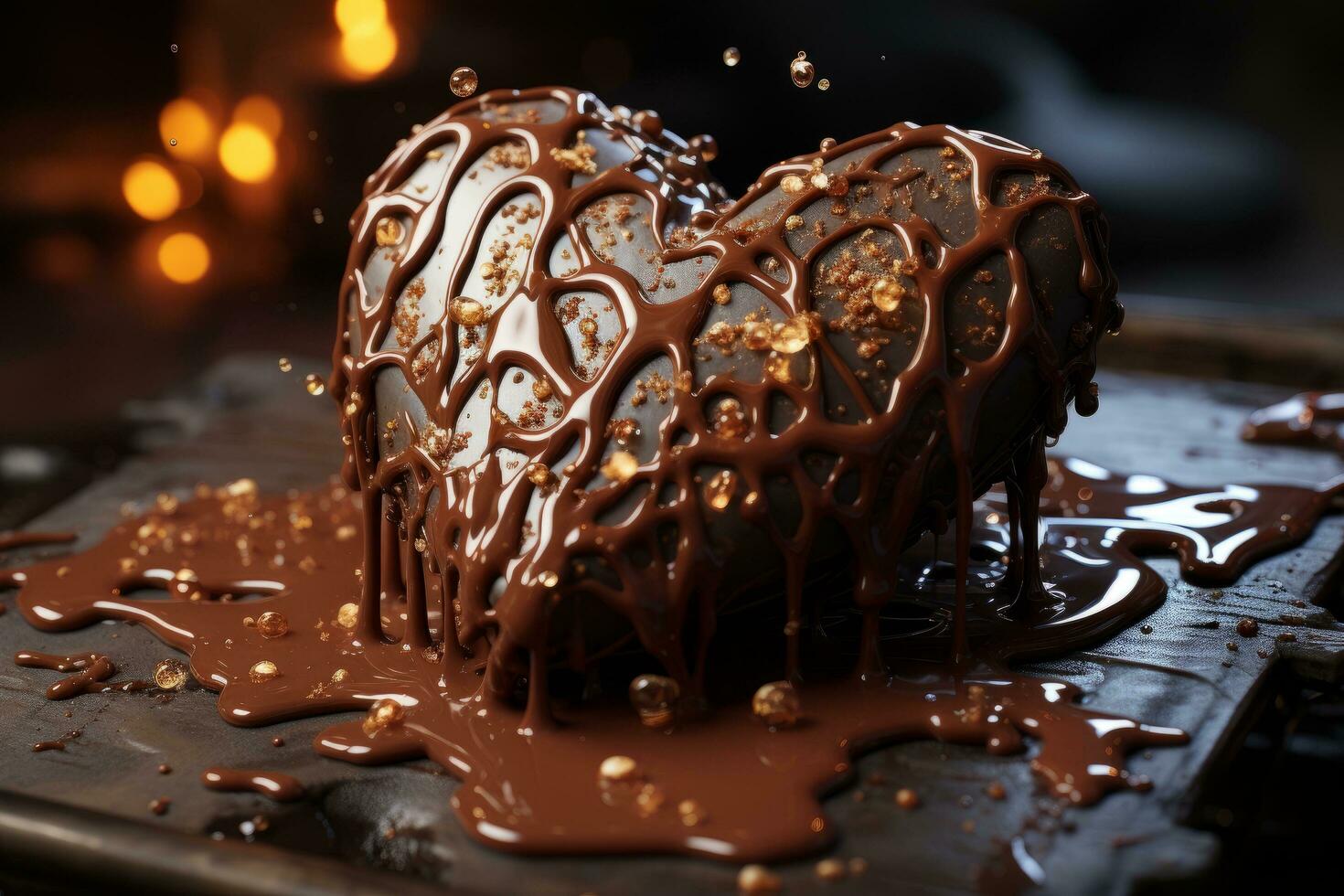 Chocolate in the form of a heart. Melted chocolate syrup on dark background. photo