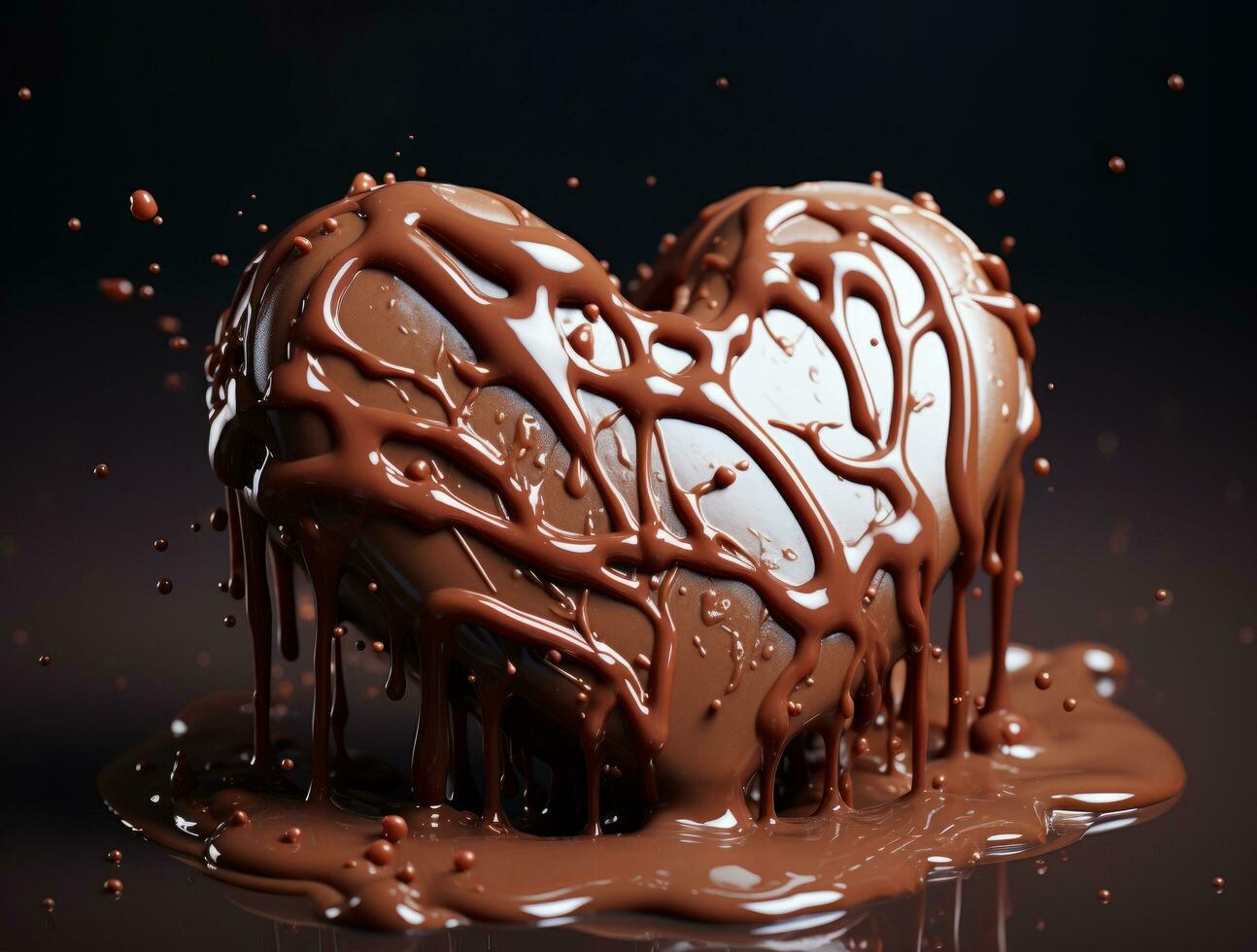 Chocolate dripping from a heart shape top isolated on dark background photo