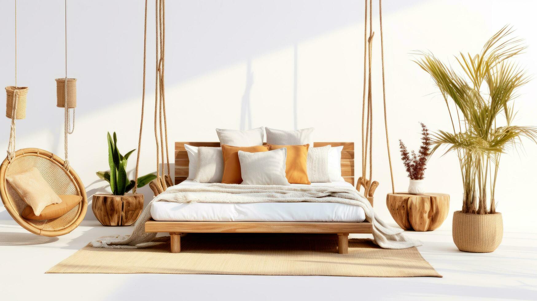 Light, cute and cozy home bedroom interior with unmade bed, pink plaid and cushions on empty white wall background. 3D rendering. photo