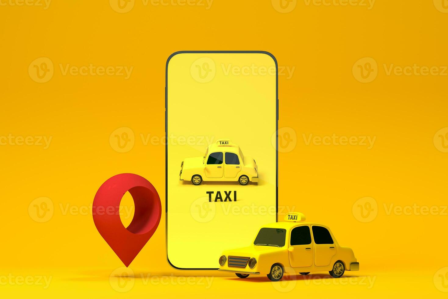 Mini 3D taxi, mini car with a mobile phone, 3d rendering. photo