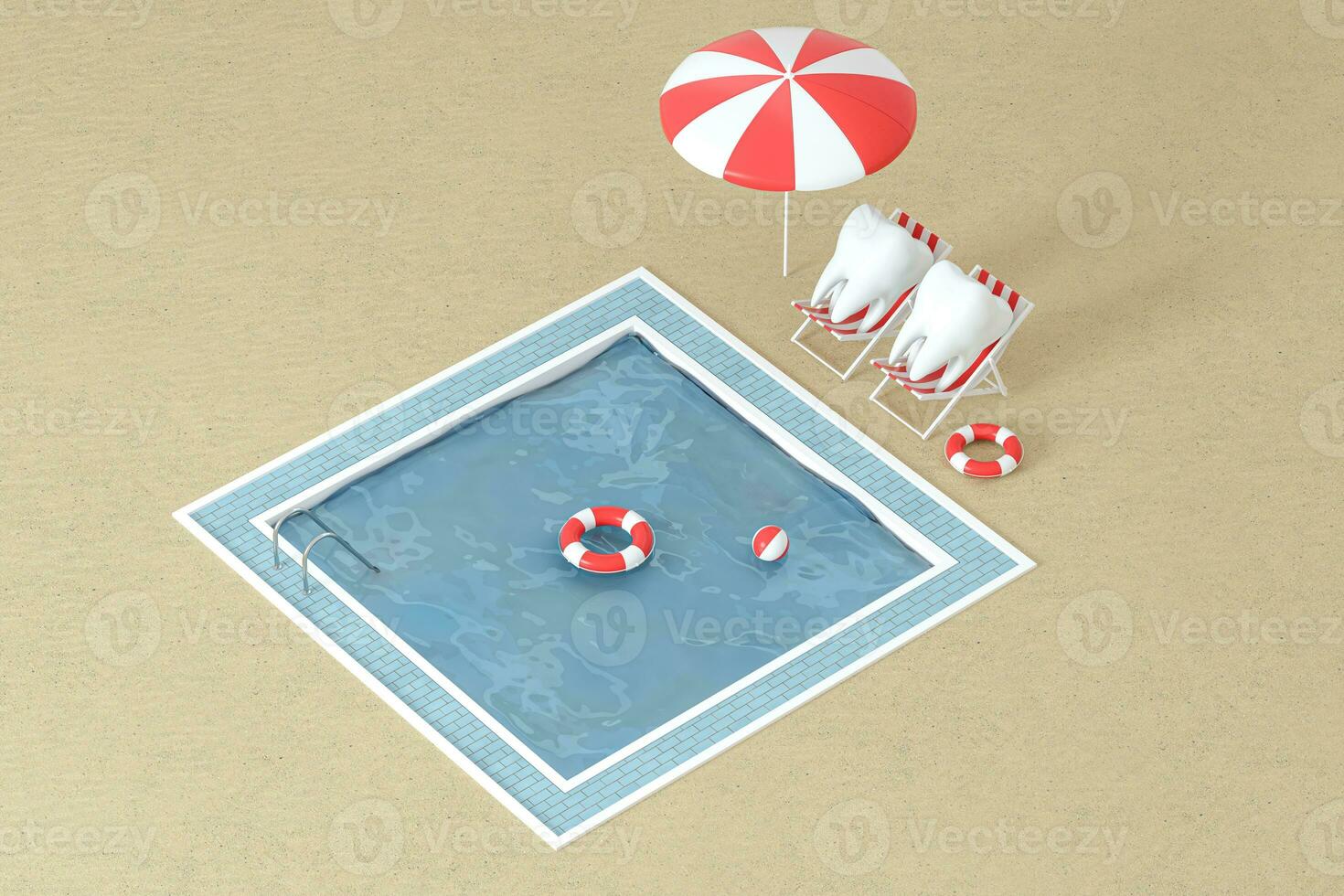 Cartoon tooth on holiday, swimming pool aside, 3d rendering. photo