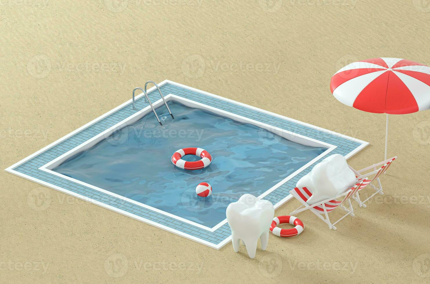 Cartoon tooth on holiday, swimming pool aside, 3d rendering. photo