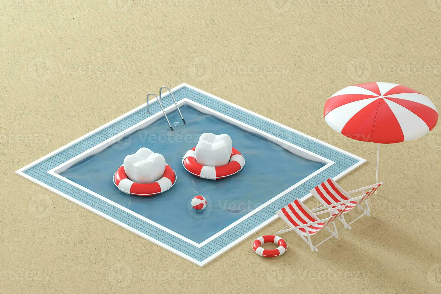 Cartoon tooth on holiday, swimming pool aside, 3d rendering. photo