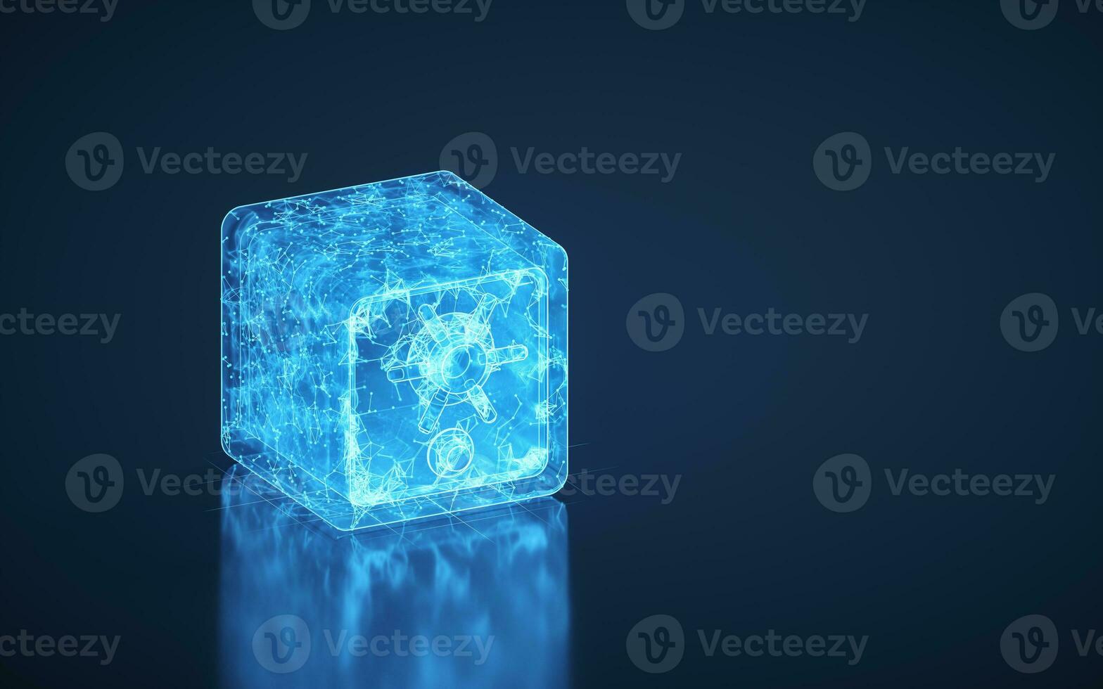 Safe box and blue glowing lines with blue background, 3d rendering. photo