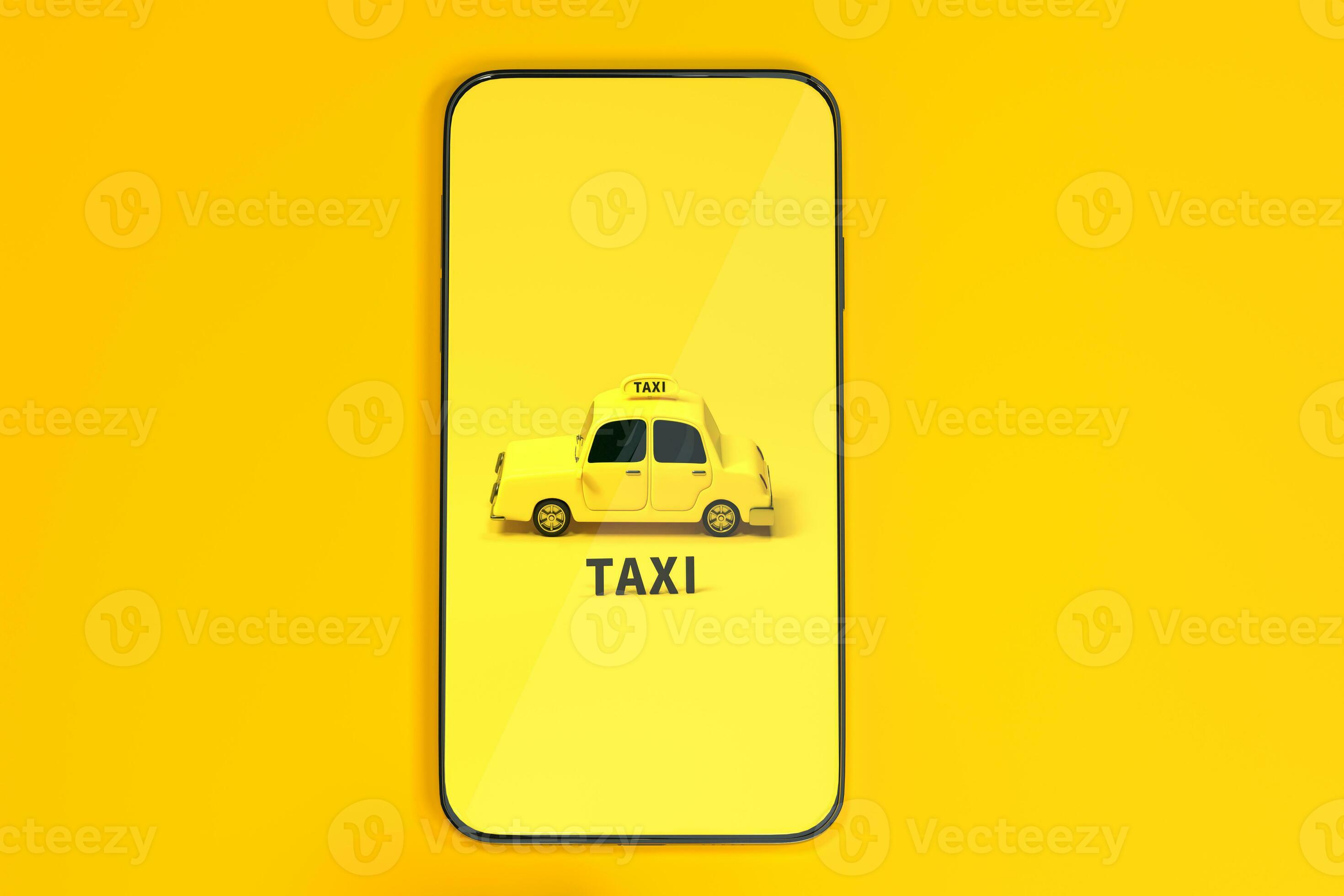 Mini 3D taxi, mini car with a mobile phone, 3d rendering. 27809541