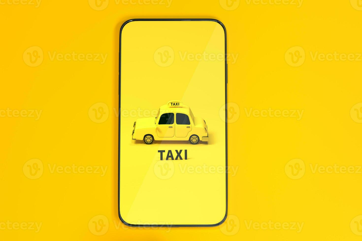 mini 3d Taxi, mini coche con un móvil teléfono, 3d representación. foto