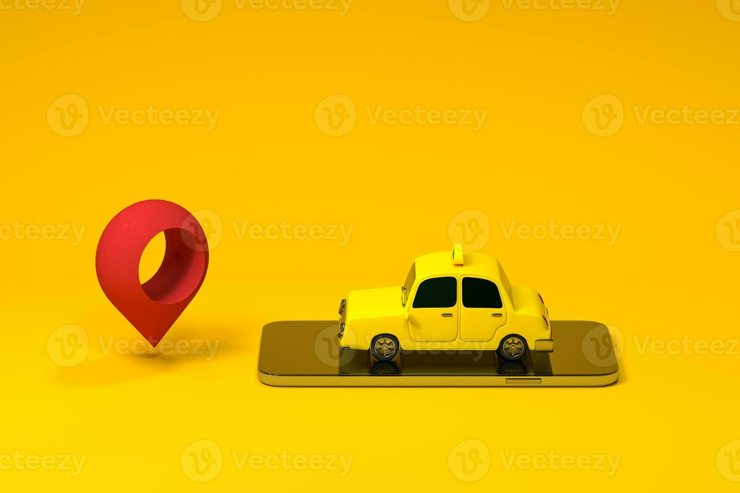 Mini 3D taxi, mini car with a mobile phone, 3d rendering. photo