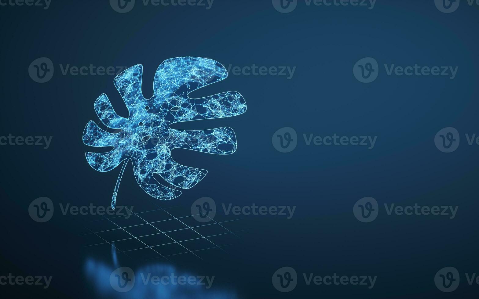 Monstera and blue glowing lines with blue background, 3d rendering. photo