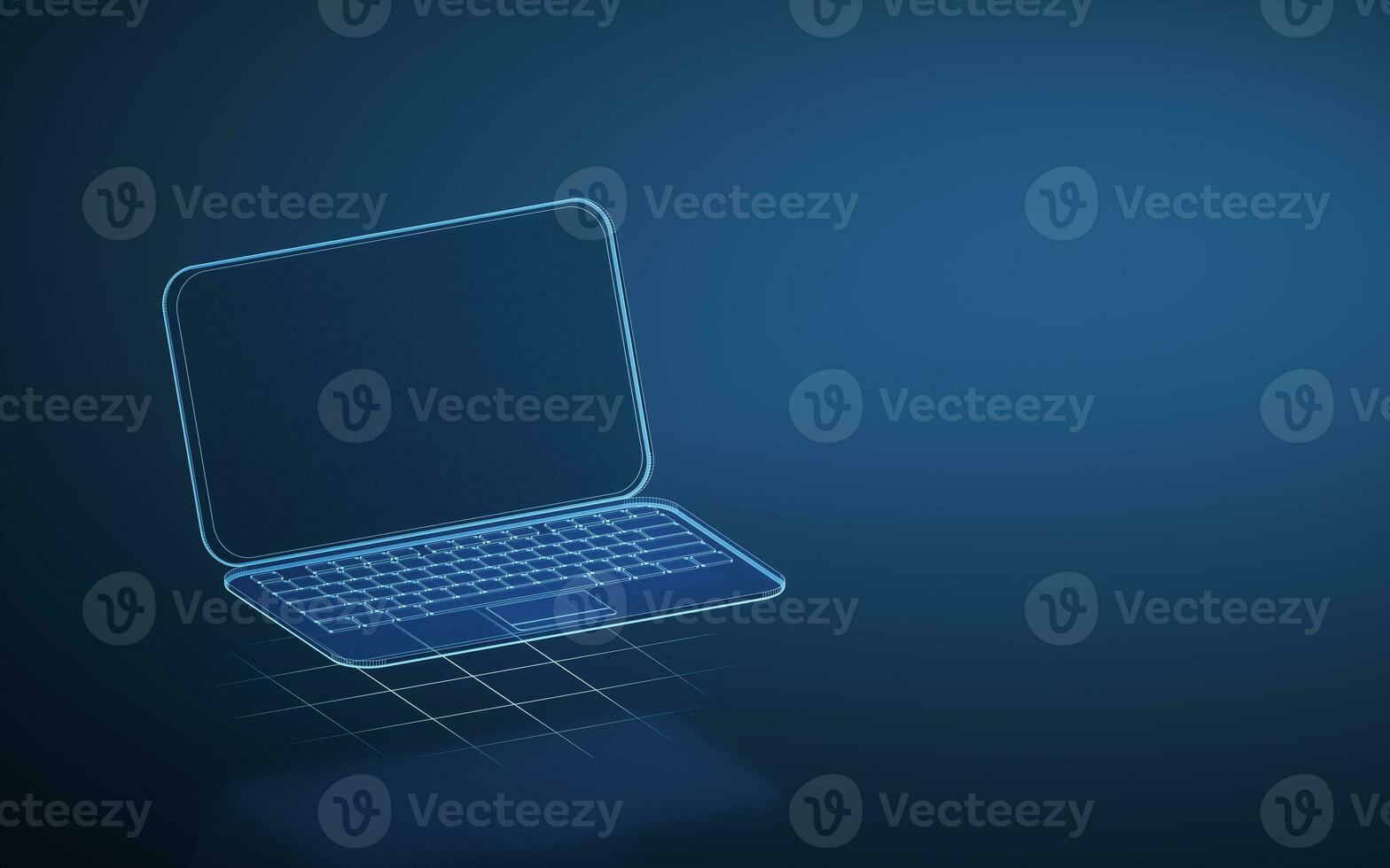 Laptop and blue glowing lines with dark background, 3d rendering. photo