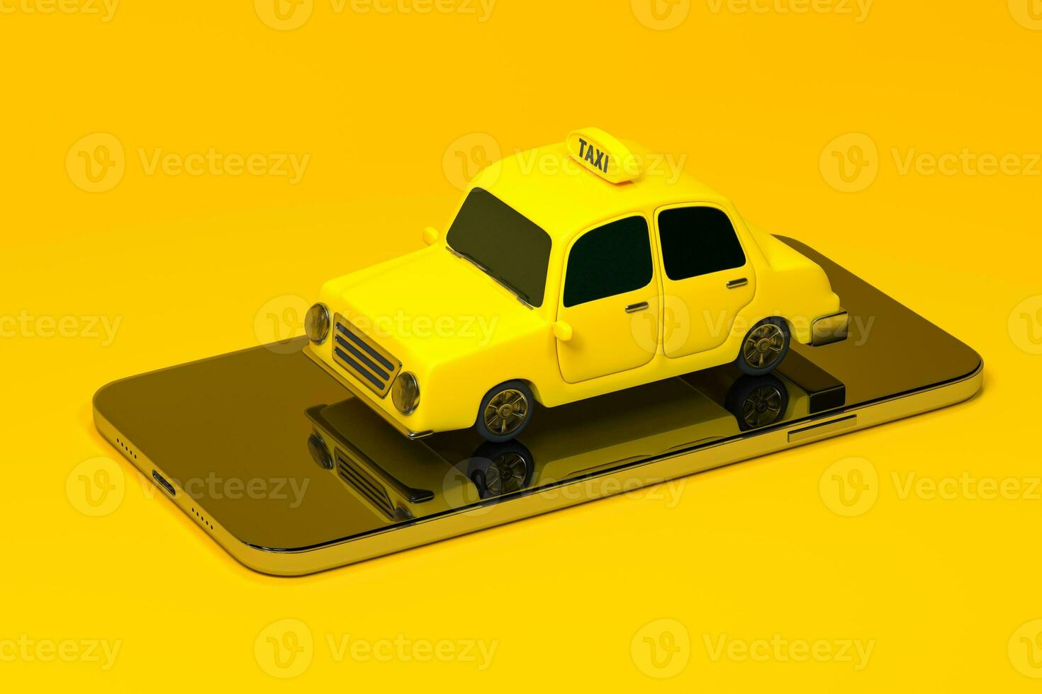 Mini 3D taxi, mini car with a mobile phone, 3d rendering. photo