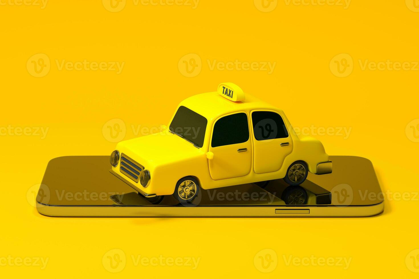 Mini 3D taxi, mini car with a mobile phone, 3d rendering. photo