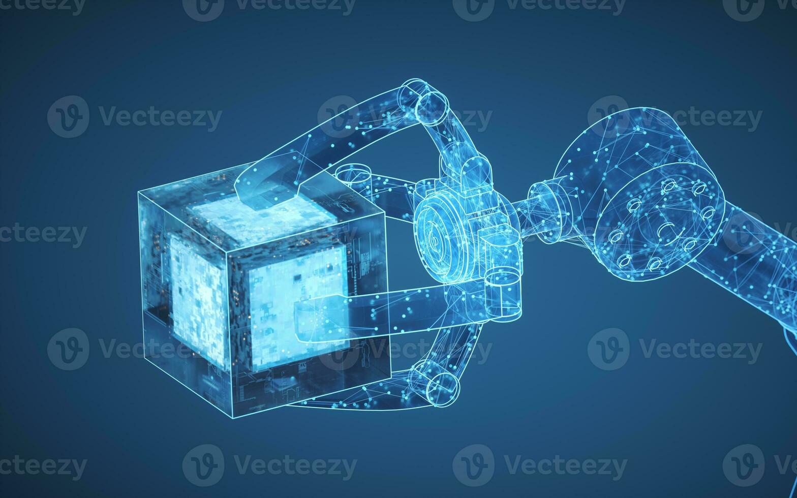 Robotic arm with blue background, 3d rendering. photo