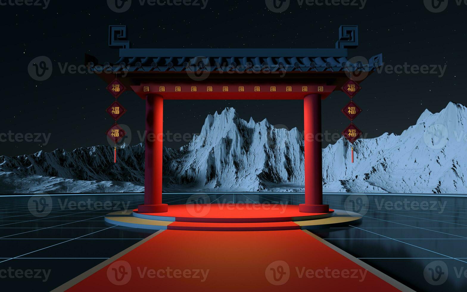 chino portón con nieve montañas fondo, traductorio bendición, 3d representación. foto