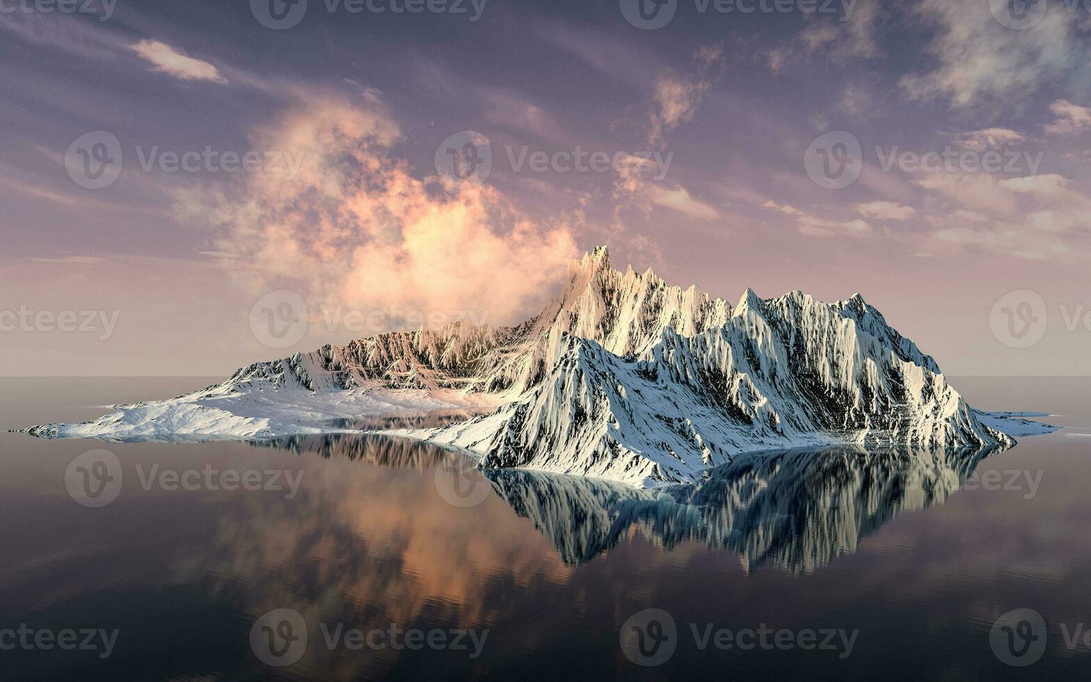 Snowy mountains with sunset background, 3d rendering. photo