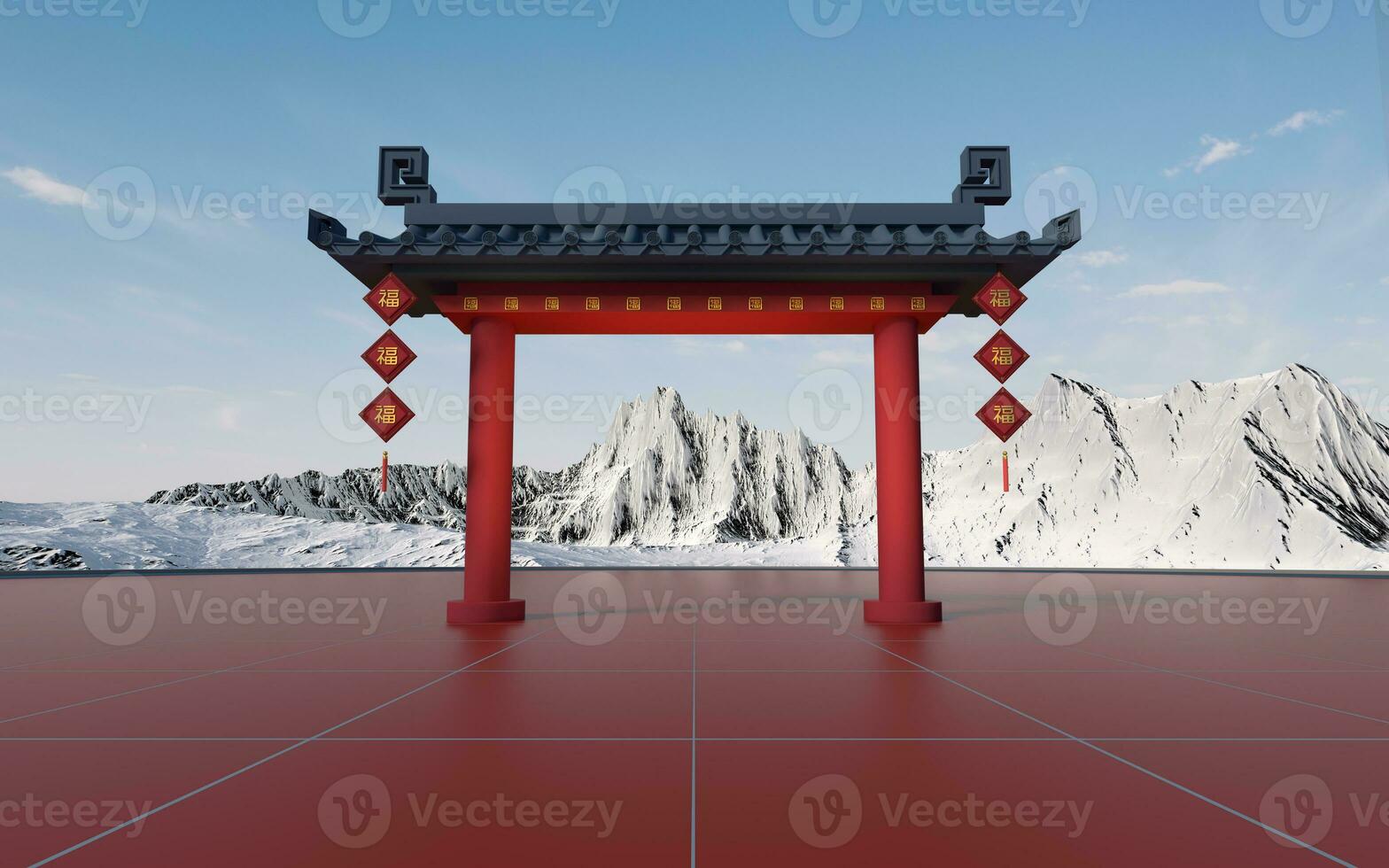 Chinese gate with snow mountains background, translating blessing, 3d rendering. photo