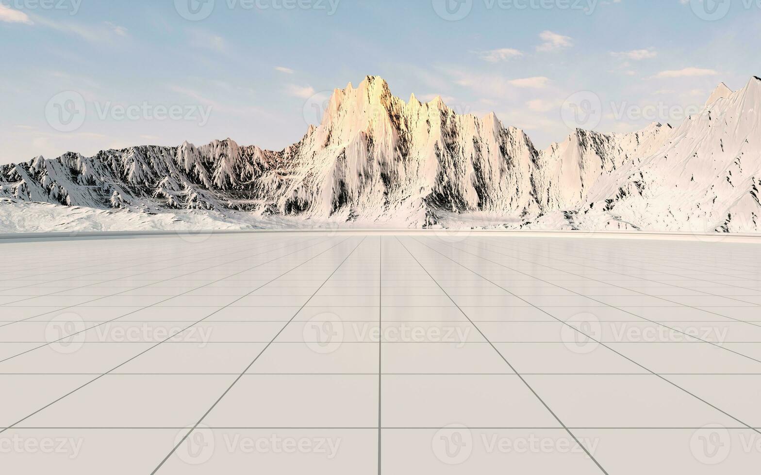 Snowy mountains with empty floor background, 3d rendering. photo