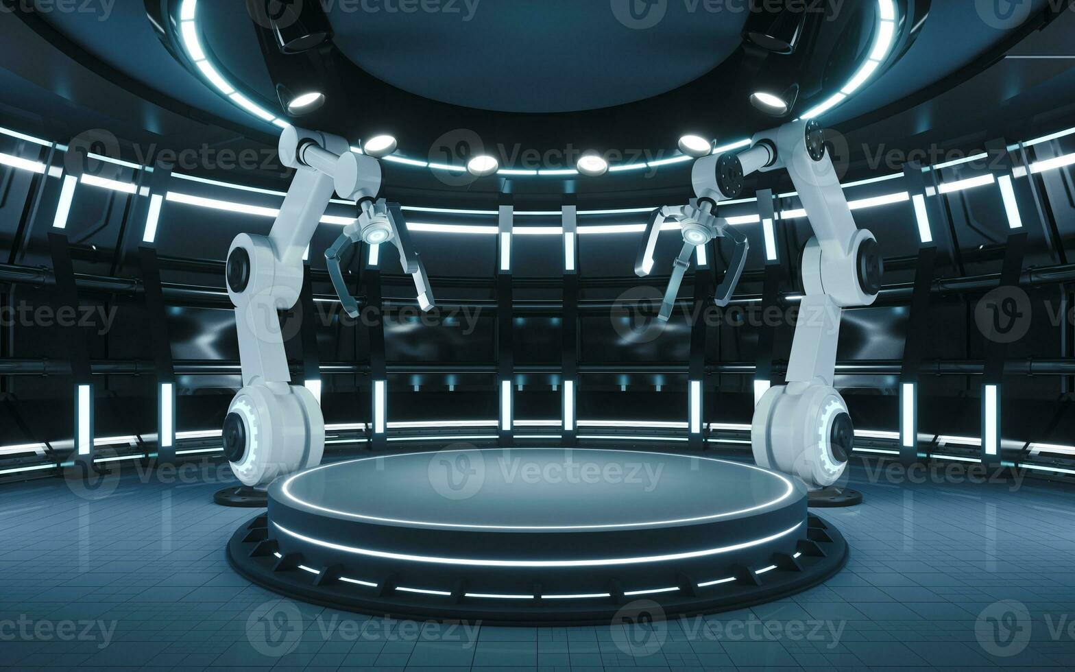 Mechanical arm and empty stage in the round room, 3d rendering. photo