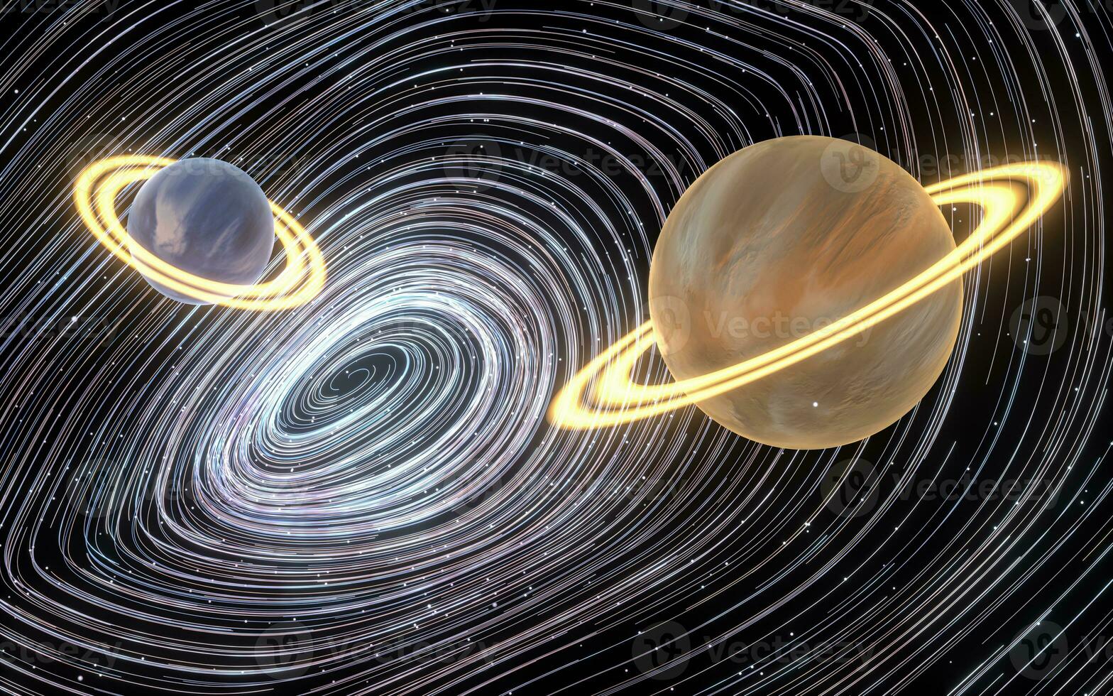 Planets with purple curve vortex lines, 3d rendering. photo