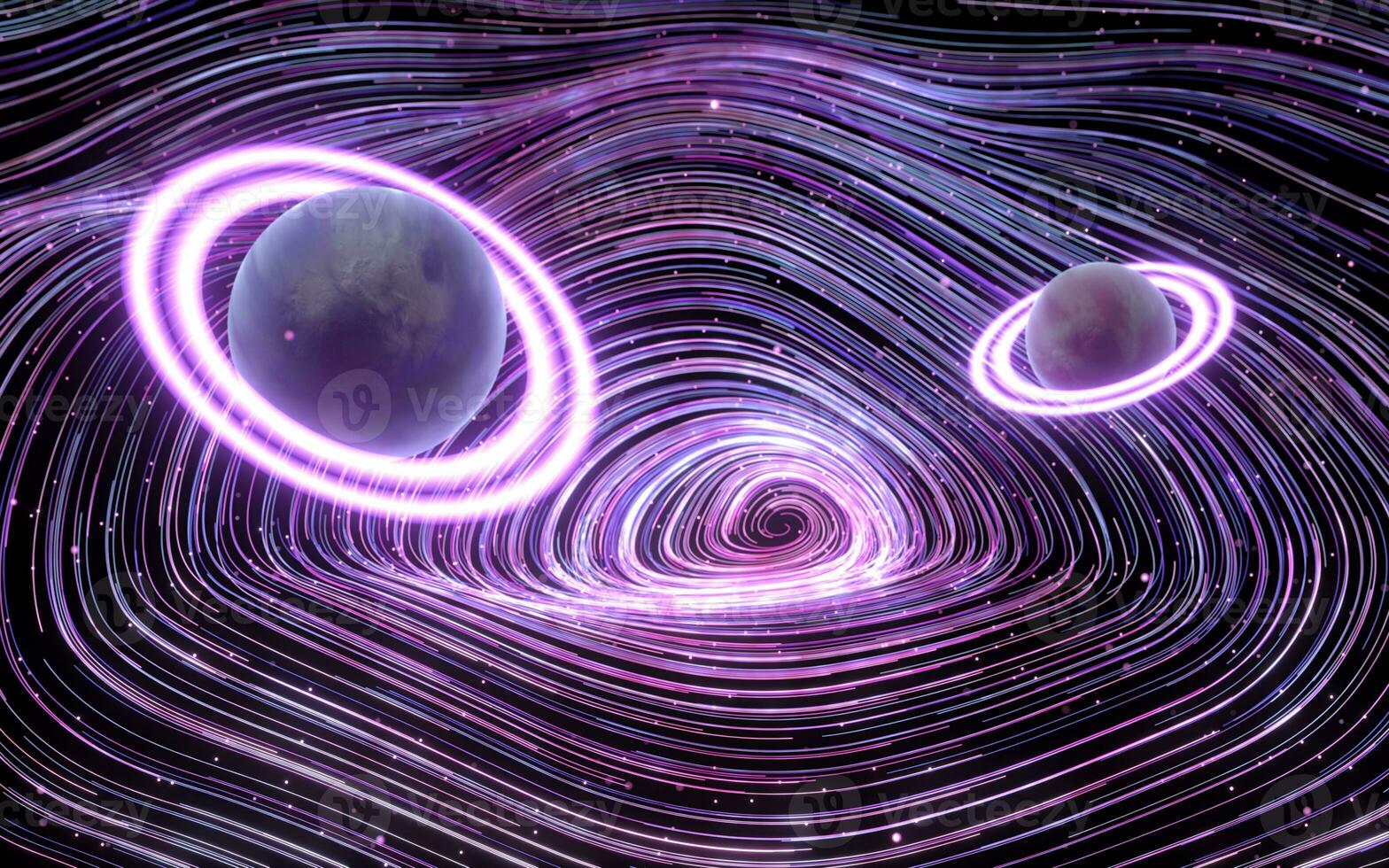 Planets with purple curve vortex lines, 3d rendering. photo