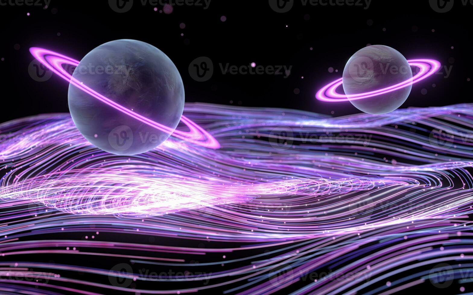 Planets with purple curve vortex lines, 3d rendering. photo