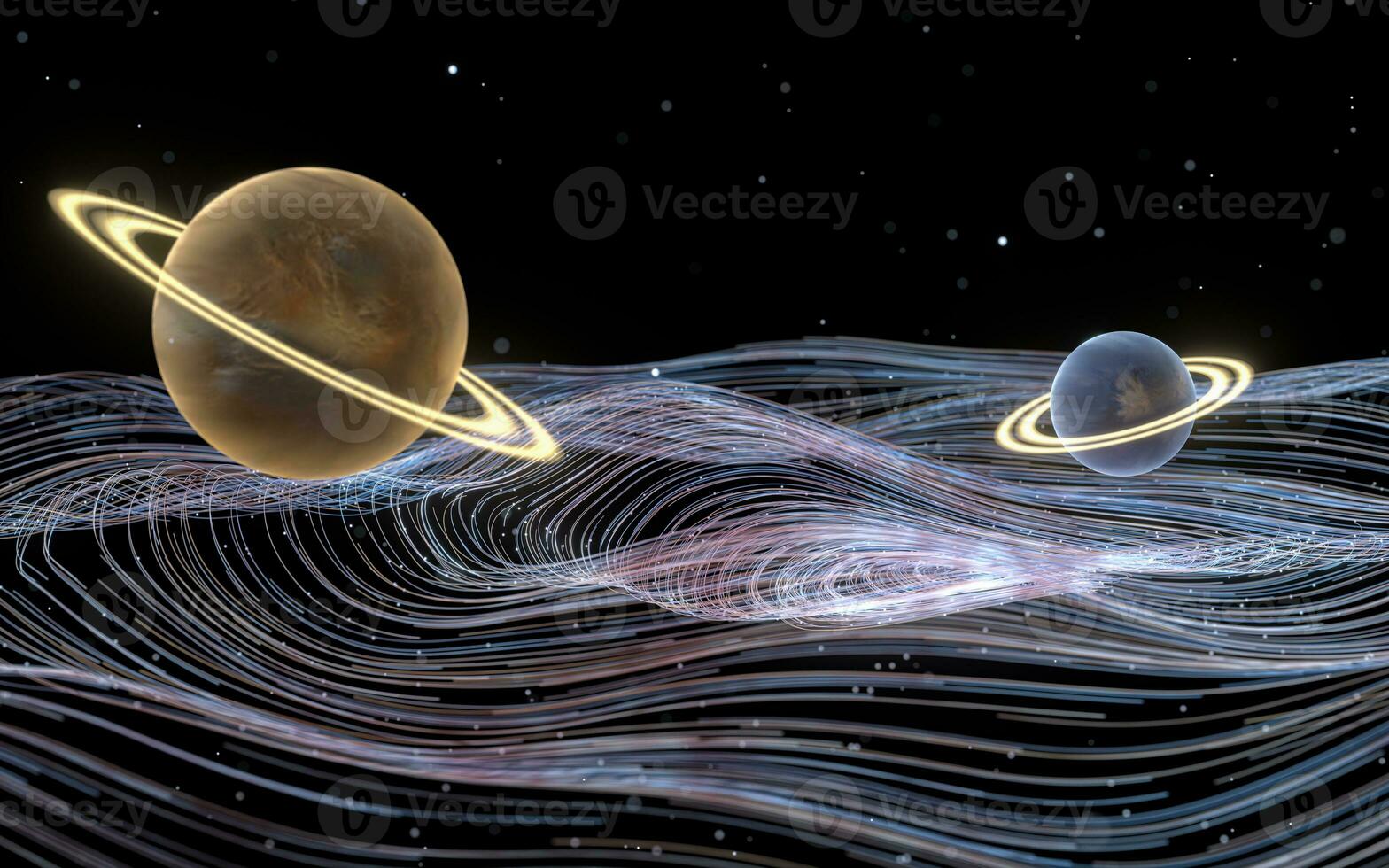 Planets with purple curve vortex lines, 3d rendering. photo