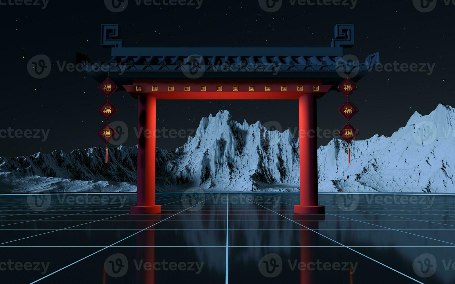 Chinese gate with snow mountains background, translating blessing, 3d rendering. photo